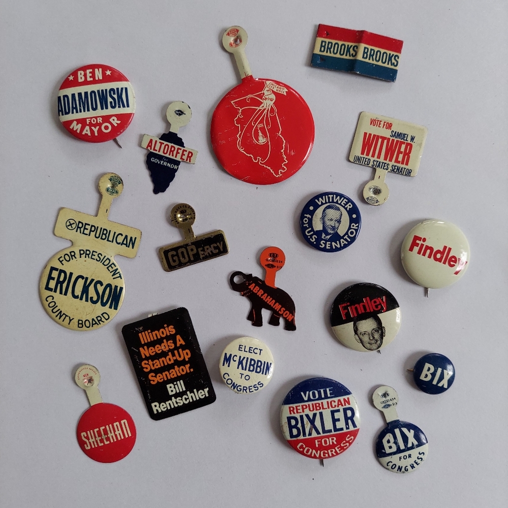 Vintage Litho Tin Tab Pinback Buttons 60s Illinois Republican Political Campaign